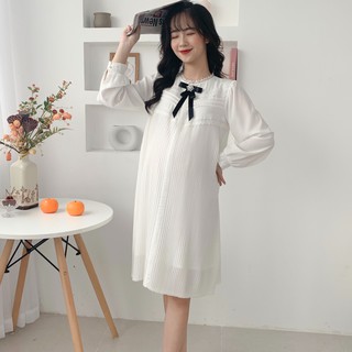 Váy bầu dài tay 2 lớp lụa dập ly thu đông thiết kế Medyla - VS342