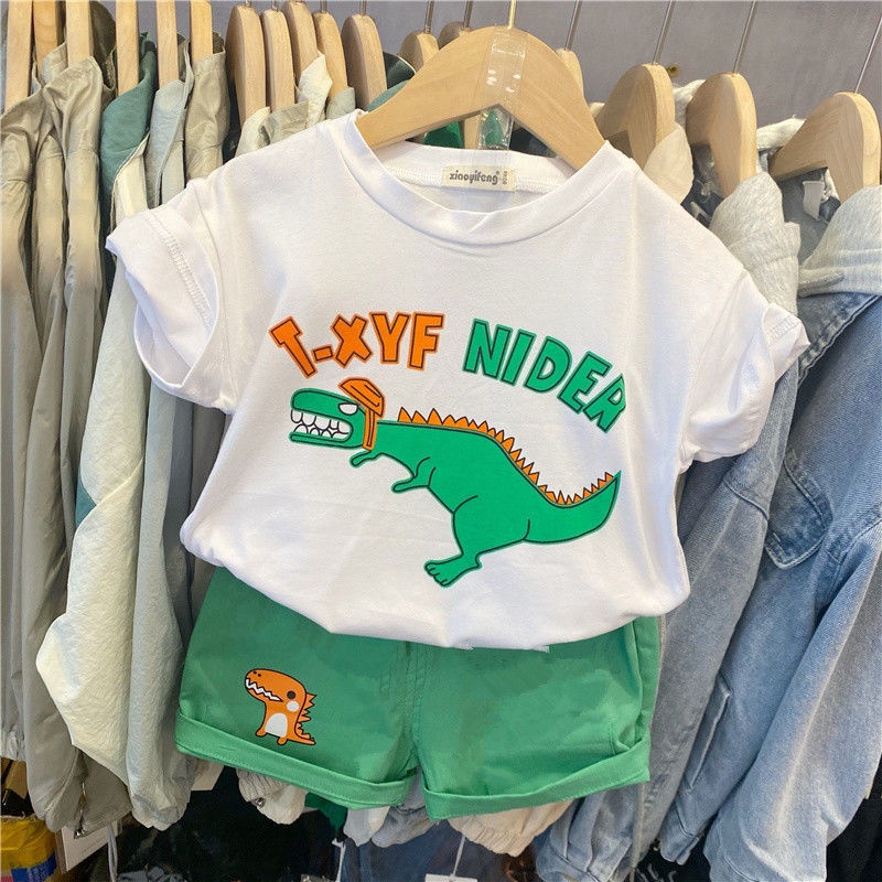 Bộ Áo Thun Ngắn Tay In Hoạt Hình Khủng Long + Quần Short Kiểu Hàn Quốc Thời Trang Mùa Hè Cho Bé Trai