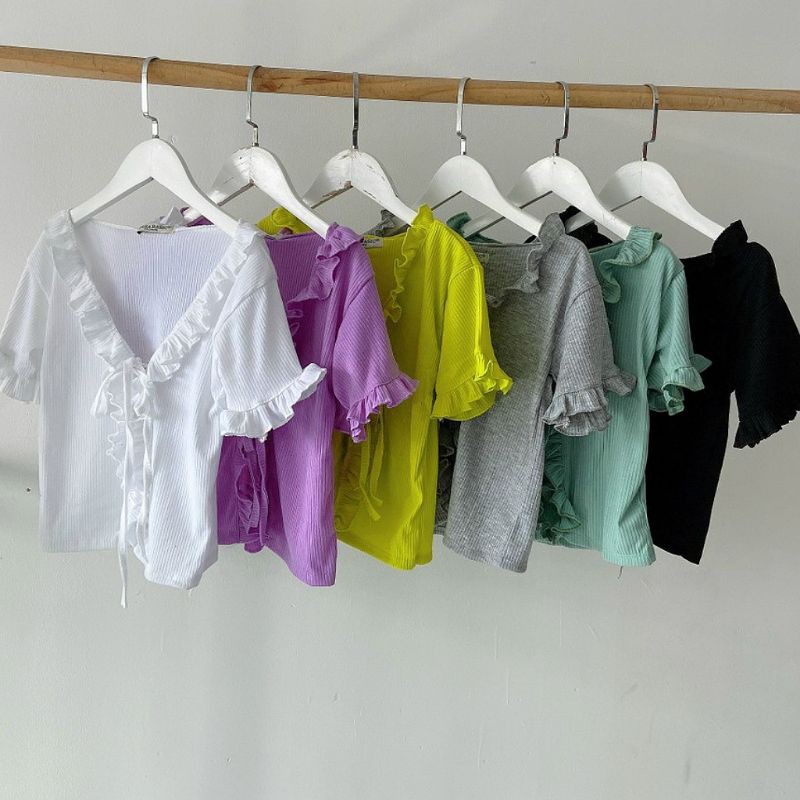 Áo Croptop Ngắn Tay Kiểu Gân Bèo Cột Nơ Trước UlzzangTuyết's House (Áo Khoác Croptop Ngắn Tay Ulzzang) | BigBuy360 - bigbuy360.vn