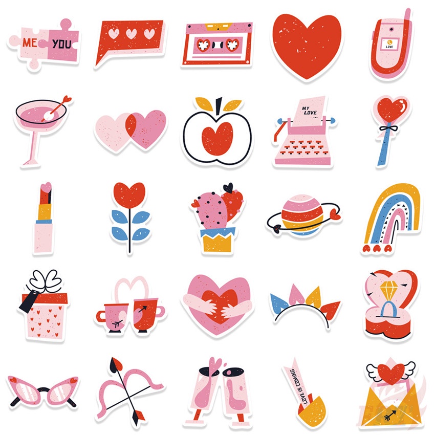 ❉ Nhãn Dán Màu Hồng Love Series 01 ❉ Bộ 50 Sticker Chống Thấm Nước Họa Tiết Doodle Hợp Thời Trang