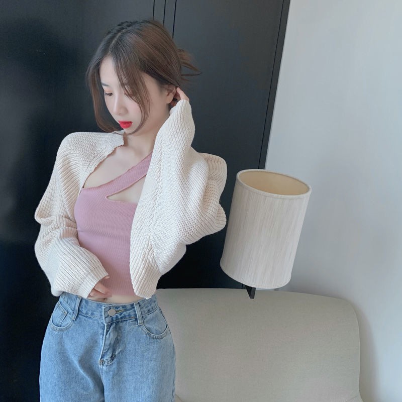Áo khoác len đan ngoài dáng suông ngọt ngào nữ mùa thu phong cách Hàn Quốc ngắn tay dài cardigan