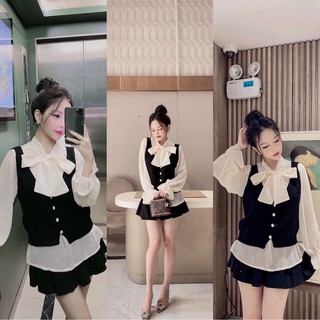 Set Áo Len Ghi Lê Nữ Phối Sơ Mi Voan Buộc Nơ_Phong Cách Tiểu Thư_Xuống Phố Là Mê-Cỏ Boutique