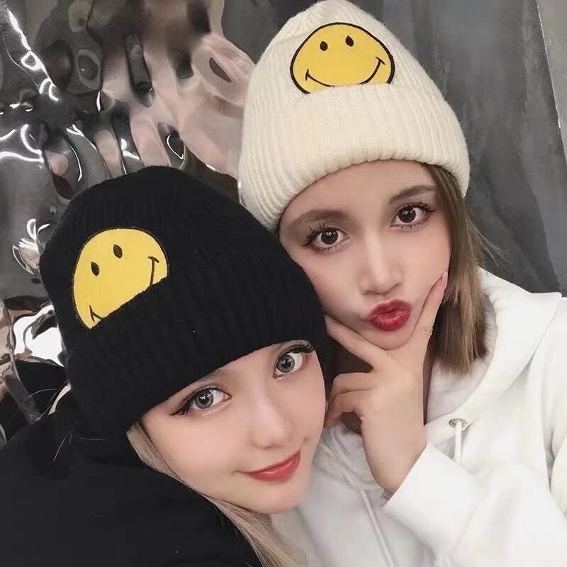 Mũ Len Dệt Kim Hình Mặt Cười Phong Cách Zhou Yangqing Phong Cách Hàn Quốc Thời Trang Thu Đông Dành Cho Nữ