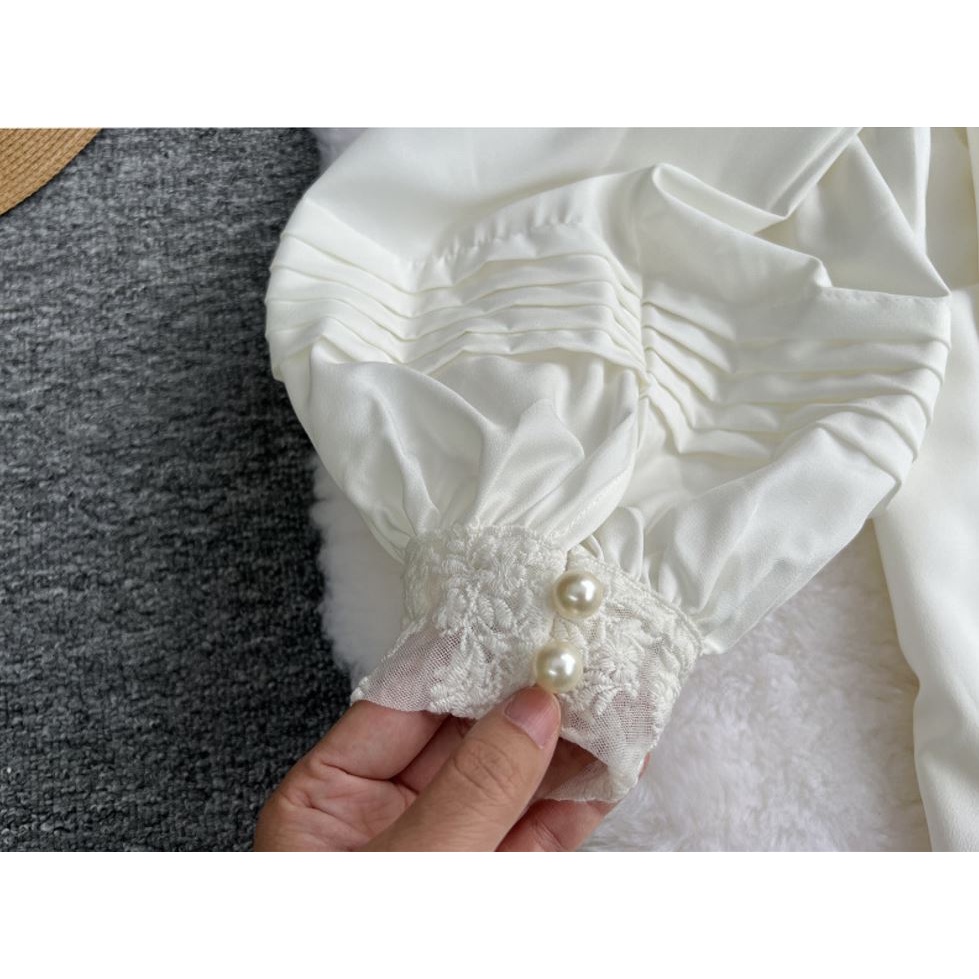 Đầm babydoll trắng tay phồng phối ren cổ trụ nút ngọc tiểu thư - Selina dress