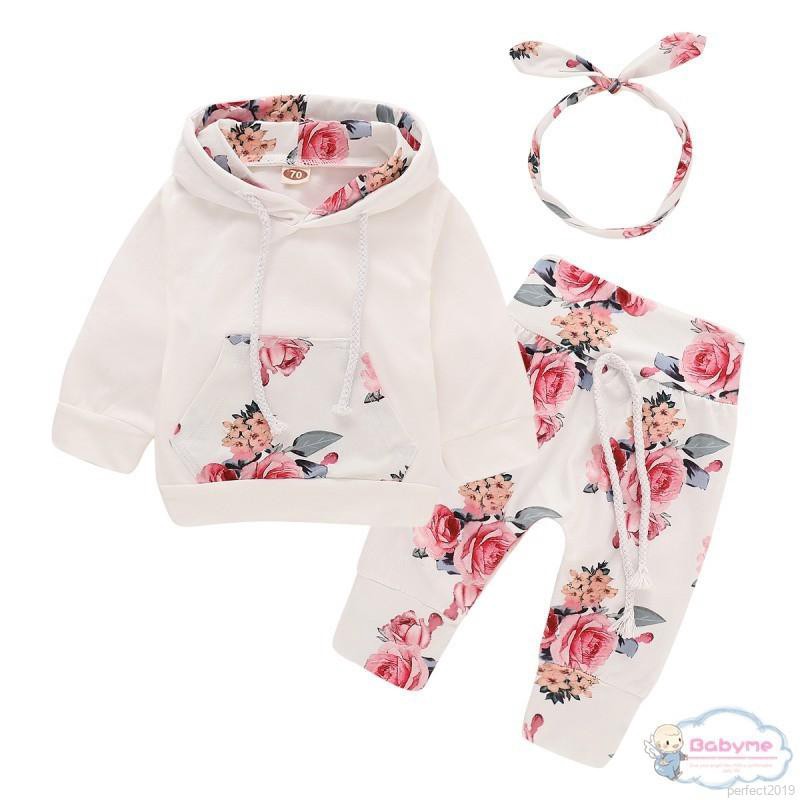 Set áo hoodie + quần dài in hoa + băng đô dễ thương cho bé gái