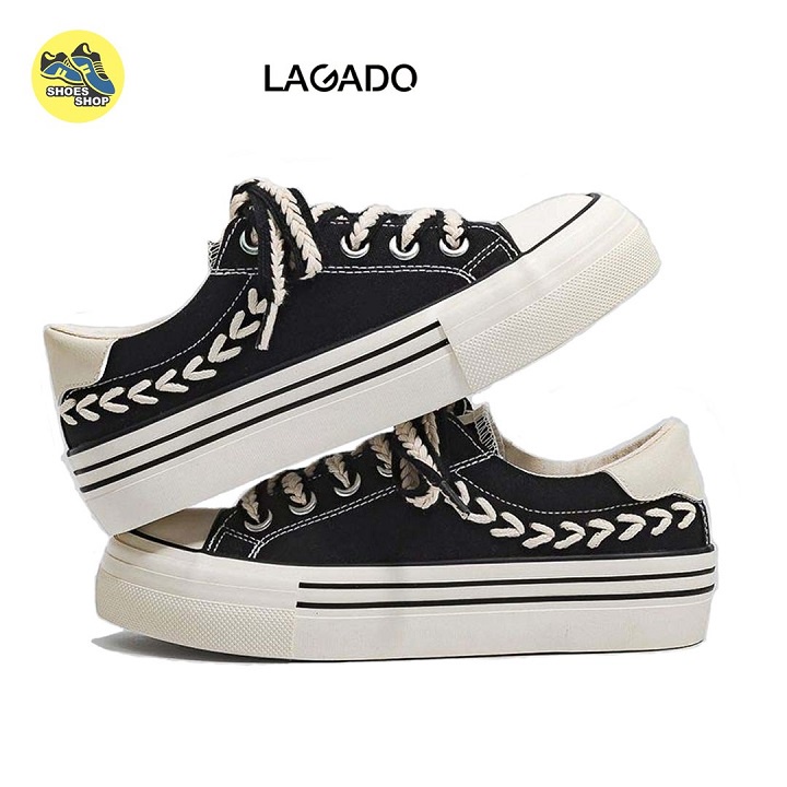 Giày nữ, giày thể thao nữ thêu nổi dây tết đế cao 3cm màu đen, màu kem size 36-40