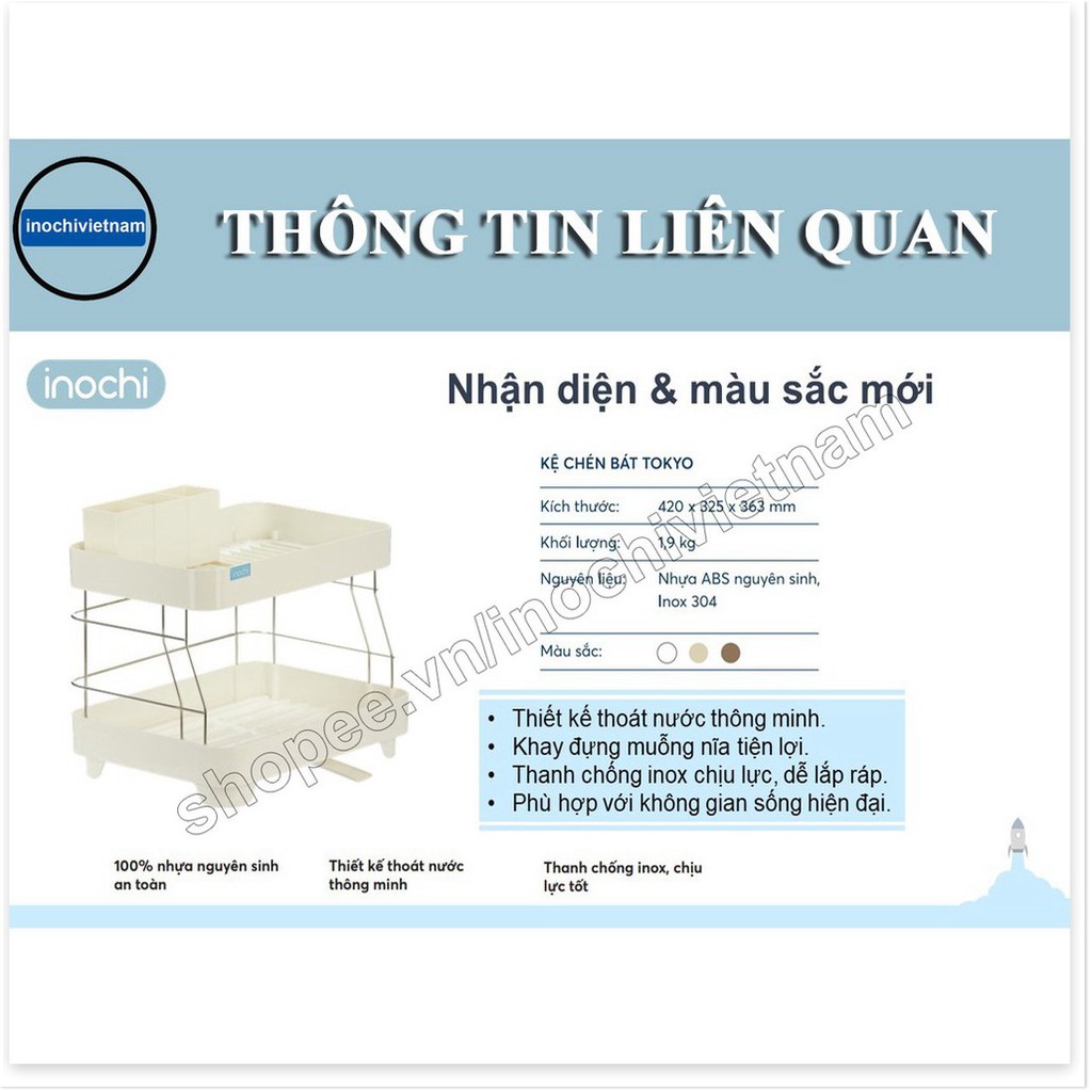 Kệ đựng chén  -Bát Nhựa Inox 2 Tầng Inochi Có Khay Thoát Nước Thông Minh Tiện dụng hàng chính hãng