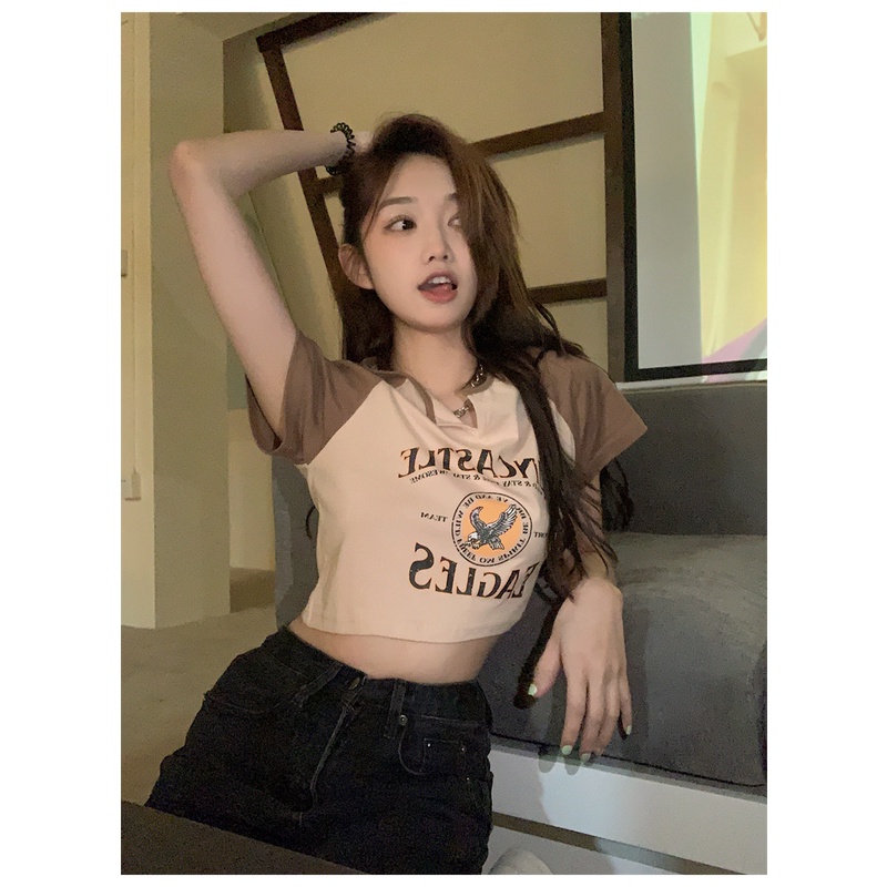 Áo Thun Nữ Ngắn Tay Cổ Tròn Gợi Cảm Phong Cách retro Mỹ