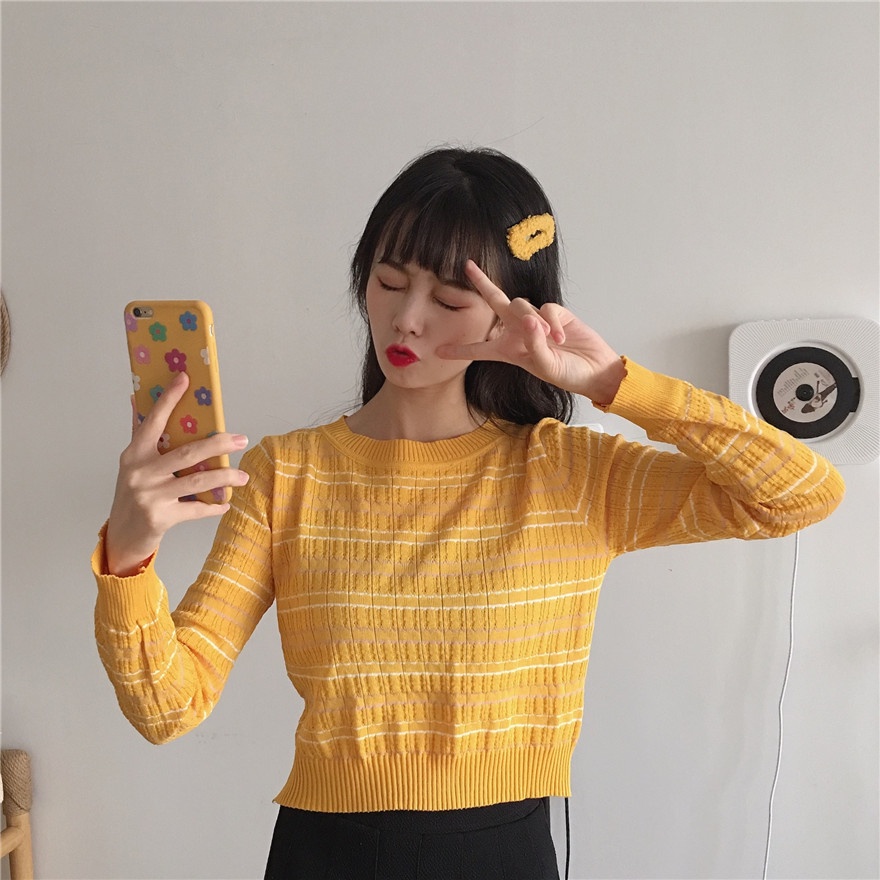 ZHELIHANGFEI Áo Len Tay Dài Họa Tiết Kẻ Sọc Thời Trang Dễ Phối Đồ Cho Nữ