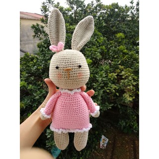 (Thỏ váy hồng 35cm) Thú bông len handmade