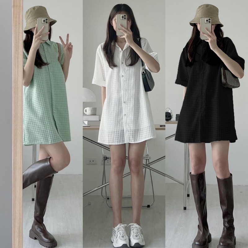 Đầm sơ mi suông caro chìm