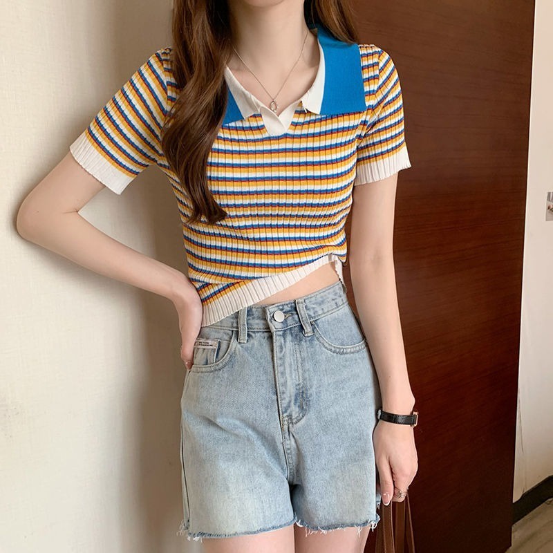 Áo Thun POLO Dệt Kim Tay Ngắn Kẻ Sọc Màu Sắc Tương Phản Dễ Thương
