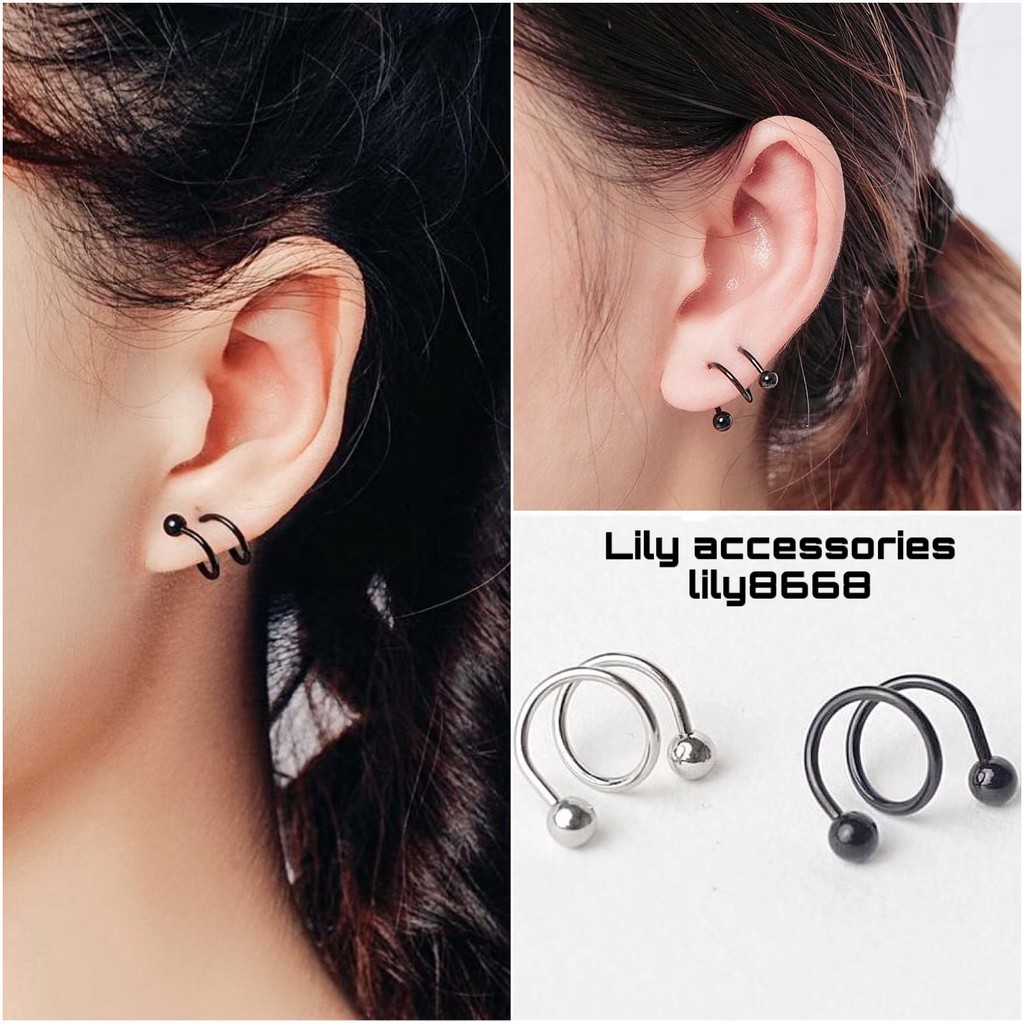 Double Twist Steel Bar Ball Earring khuyên tai titan xoắn đôi không gỉ không đen không dị ứng cho nam nữ