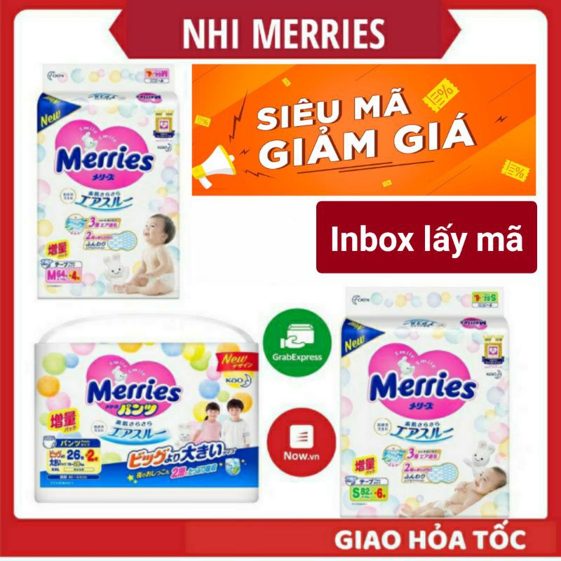 [ÁP MÃ CÒN 299K] [CỘNG MIẾNG]Tã quần/dán Merries Nội địa NB96/s88/M64/L58/XL44/XXL28/M76/L56/XL50