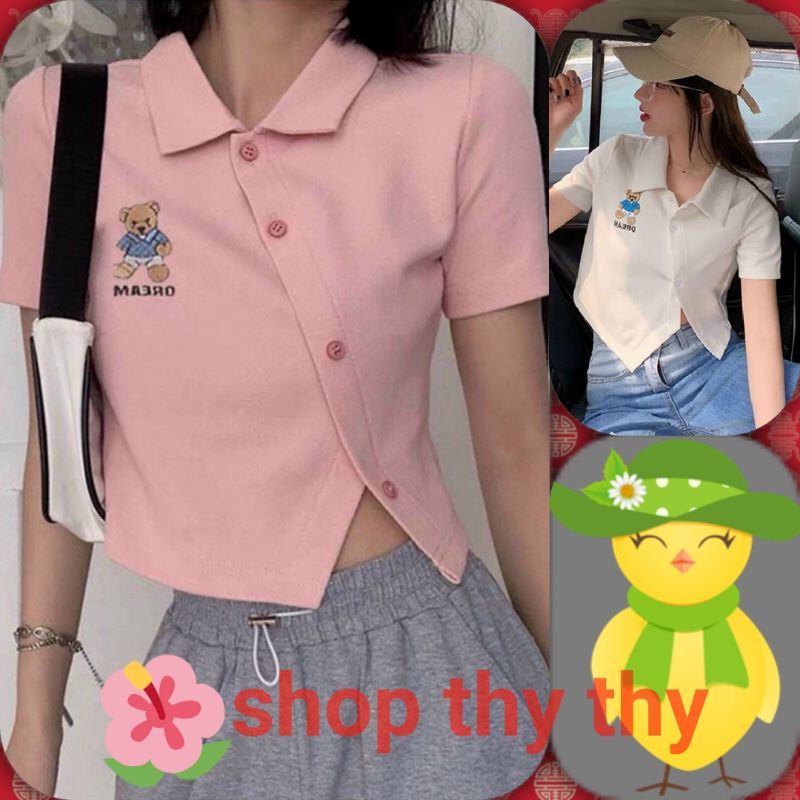 Áo thun croptop tay lỡ cổ sơ mi, áo croptop kiểu polo nút cài xéo thêu hình gấu nhiều màu thời trang trẻ