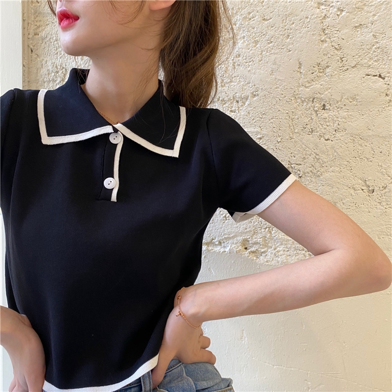 Knitted Blouse for Women Crop Top Shirt Blouse Tops Short Sleeves Knitted Tops for Womens Polo Collar Trendy Tops for Women Knit Top Formal Blouse Vintage Crochet Office Blouses for Womens Croptop for Women Korean Tops for Women Lettuce Crop Top