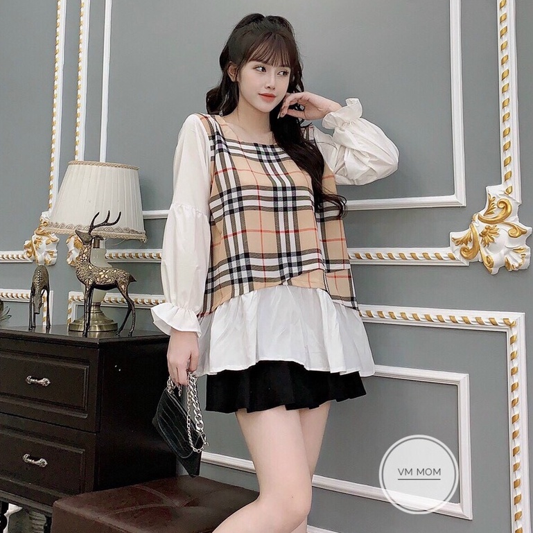 Áo bầu kẻ XUÂN HÈ dáng babydoll trẻ trung, có nơ bụng, chất cotton cho mẹ bầu đi làm đi chơi freesize 45-65kg - 𝐀𝐁𝟎𝟓