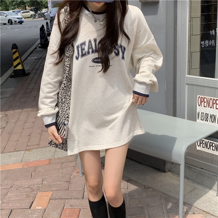 Áo Thun Tay Dài Dáng Rộng In Chữ Màu Sắc Tương Phản Phong Cách Retro Dành Cho Nữ