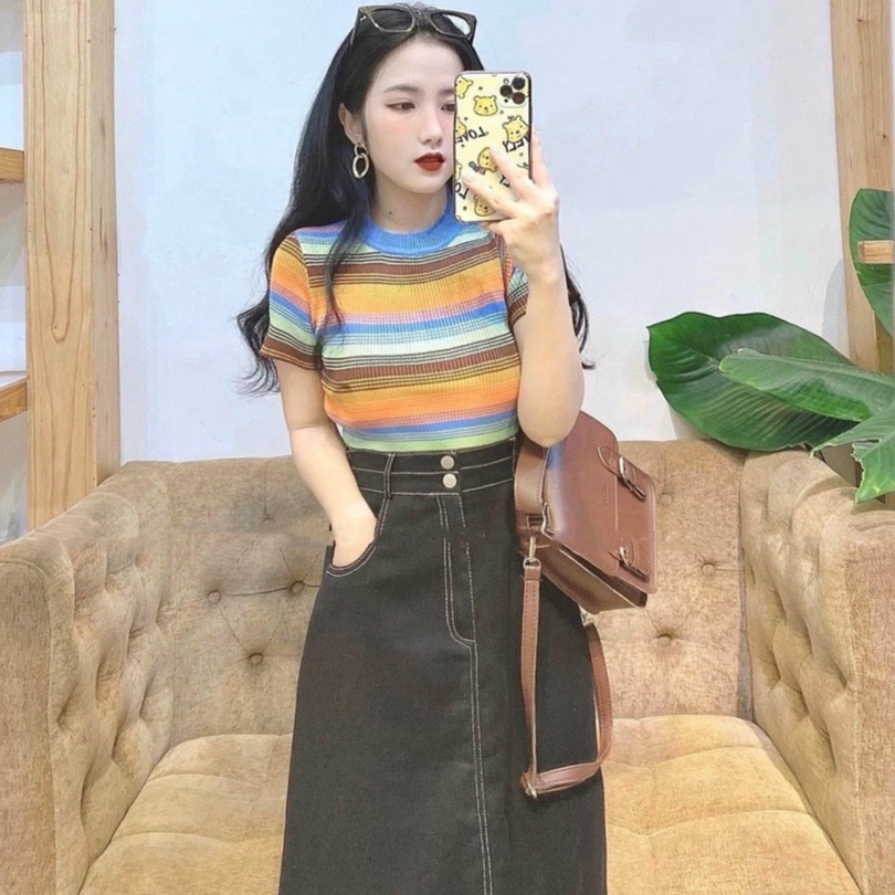 Áo Dệt Kim Nữ Kẻ Ngang Tay Ngắn Cố Tròn Vải Mềm Mại Ailee