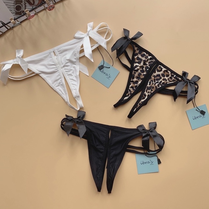 Quần lót ren xẻ đáy thun cotton phối nơ sexy #ib063