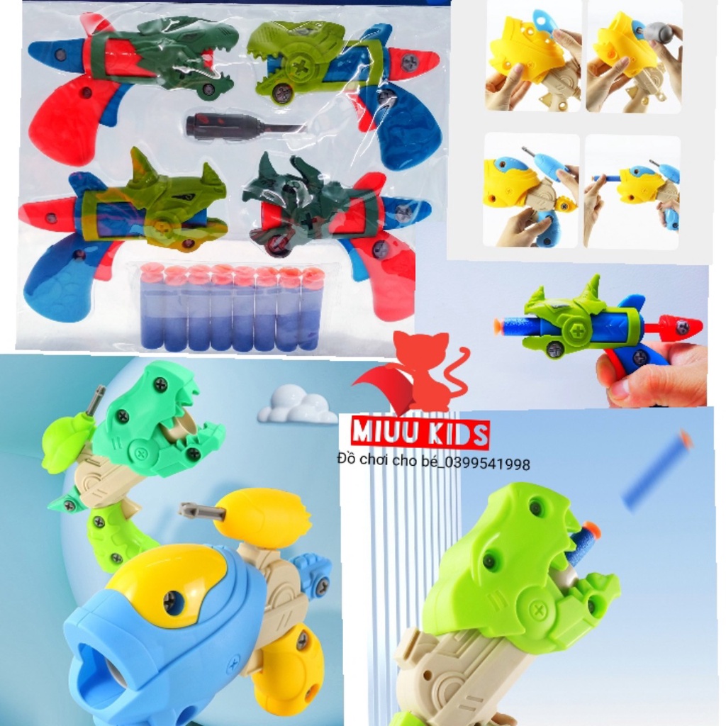 Bộ 4 MÔ Hình Lắp Ráp Khủng Long Chuyển Đổi 2 in 1 Bắn Đạn Xốp An Toàn Cho Bé