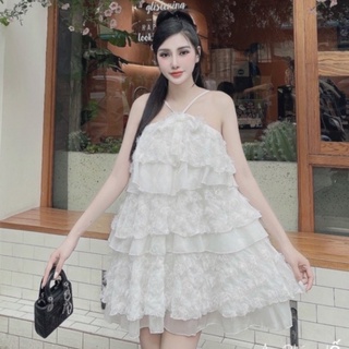 [Ảnh thật] Đầm Váy Yếm Dự Tiệc Nơ Dây Bèo Tầng Chất Tơ Lông Hàng Thiết Kế Cao Cấp - Hanju