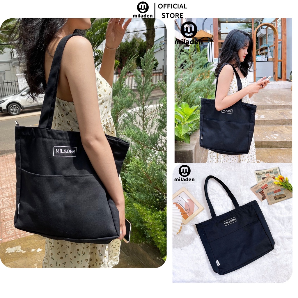 TOTE BAG CANVAS BLACK MILADEN - Túi Tote Nam Nữ MILADEN