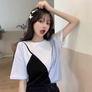 Áo Thun Cổ Tròn Giả Hai Lớp Họa Tiết Kẻ Sọc Màu Sắc Tương Phản Phong Cách Hàn Quốc Thời Trang