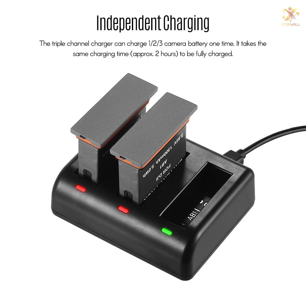 ET Charging Kit Triple Channel Charger with 2pcs 1300mAh Rechargeable Li-ion Batteries USB Charging Cable for DJI OSMO Action Camera