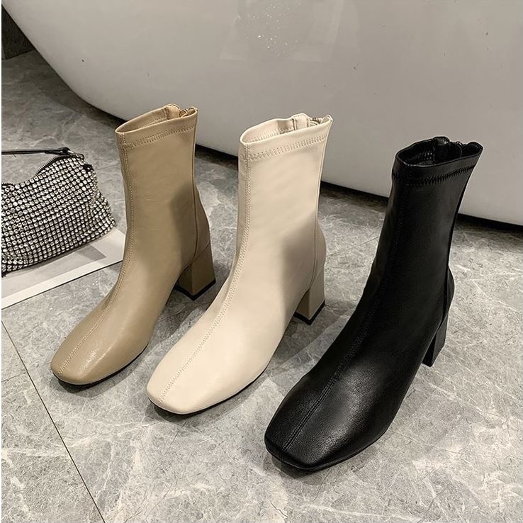 Bốt nữ cao cổ WOMEN STORY boots lót nỉ da mềm,boot khóa kéo sau đế vuông 6cm, 3 màu đen nude và be boost mùa đông WS2021