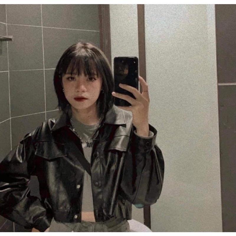 [Loại 1] Áo Khoác Da Croptop 24April [FREESHIP] Jacket biker tay bồng cá tính màu đen,dáng ngắn thể thao Ulzzang