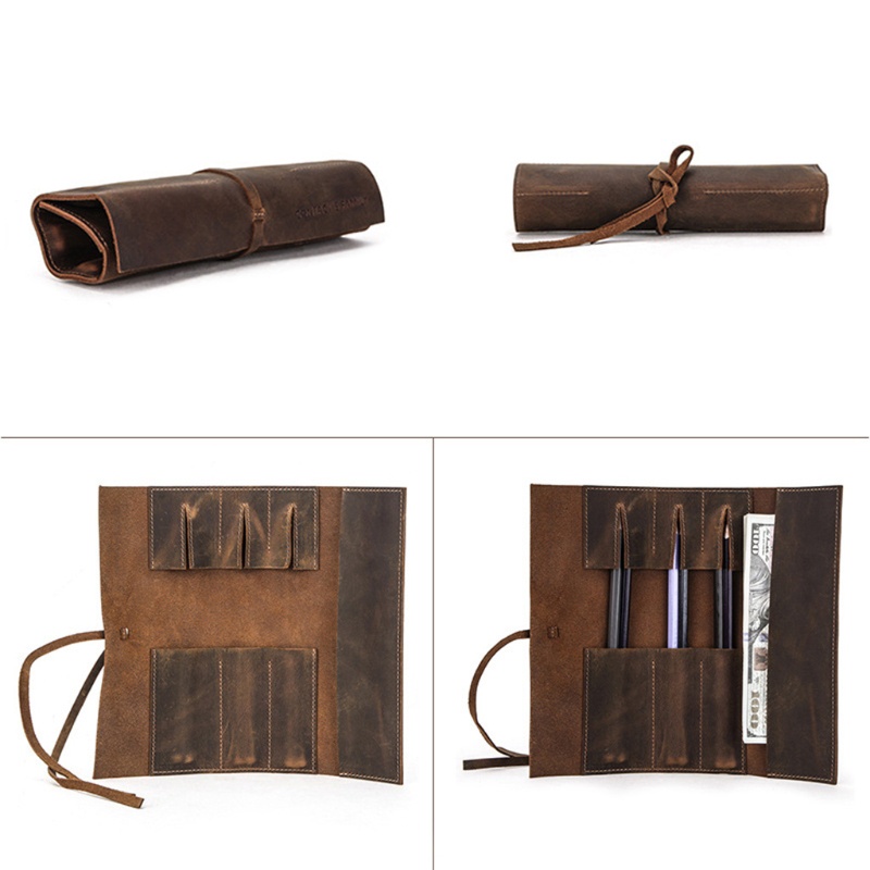 CONG Retro Pencil Case Handmade Genuine Leather Roll Up Pen Curtain Bag Pouch Wrap Holder Stationery School Supplies