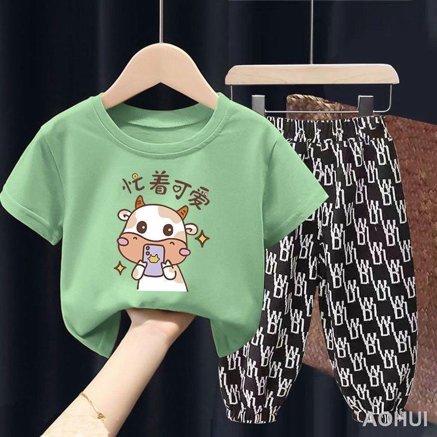 Bộ quần áo bé trai và bé gái 2021 mới mùa hè cotton ngắn tay áo phông quần áo trẻ em bé kiểu dáng nước ngoài bộ đồ hai m