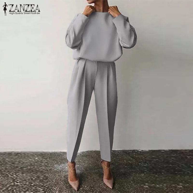 Bộ quần áo Zanzea dáng dài màu trơn lưng thun thời trang vintage cho nữ