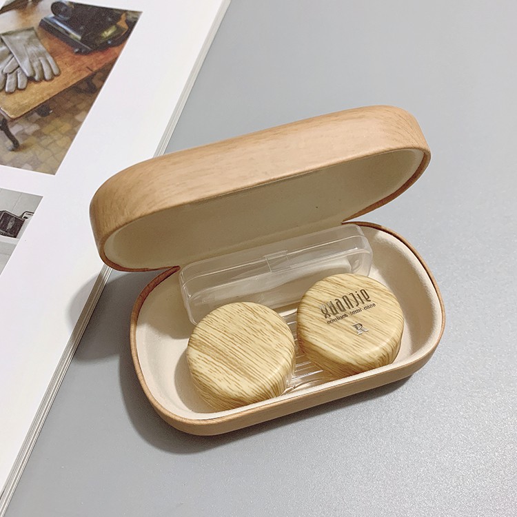 Hộp đựng kính áp tròng bằng da họa tiết vân gỗ phong cách Nhật Bản cổ điển