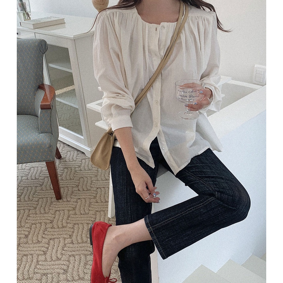 Áo sơ mi Peppermint 45723 cổ tròn dài tay dáng rộng thời trang thanh lịch