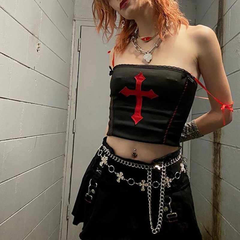 Áo Croptop Hai Dây Thêu Hoa Màu Đen / Đỏ Phong Cách Gothic Punk Gợi Cảm Cho Nữ