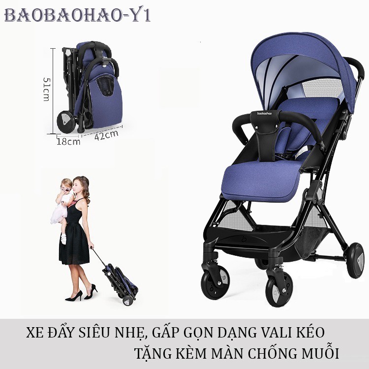 Xe Đẩy Trẻ Em Cao Cấp Baobaohao Y1 Gấp Gọn Dạng Vali Kéo (Tặng màn chống muỗi)