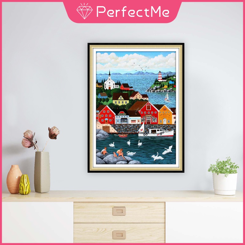 Mới Bộ Tranh Đính Đá 5D Tự Làm Hình Ngôi Nhà Trên Bãi Biển 30x40cm