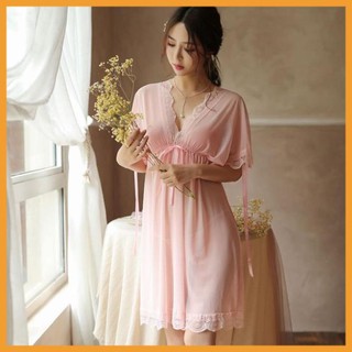 [ĐẦM CAO CẤP] Váy ngủ ren sexy bẹt vai mặc hai kiểu đồ ngủ big size voan thun với màu hồng dễ thương