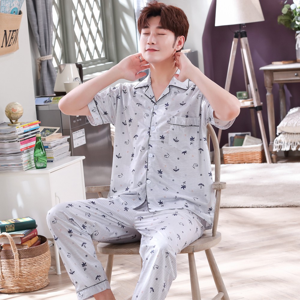 Bộ đồ ngủ nam kẻ sọc ngắn tay hoạt hình bằng vải cotton phục vụ tại nhà | BigBuy360 - bigbuy360.vn
