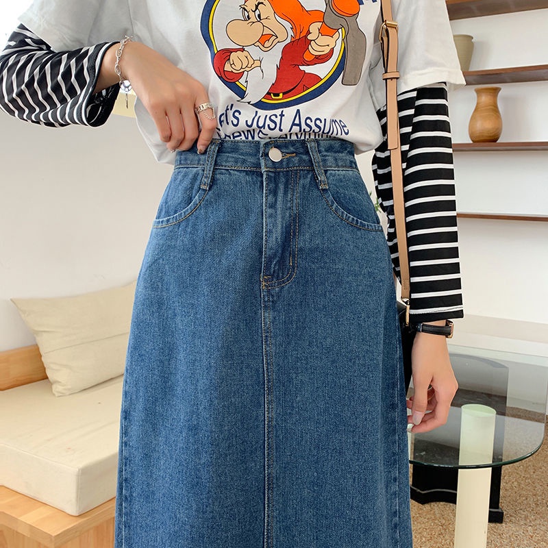 Chân váy jean Lưng Cao Dáng Chữ A Phong Cách Retro Dành Cho Nữ