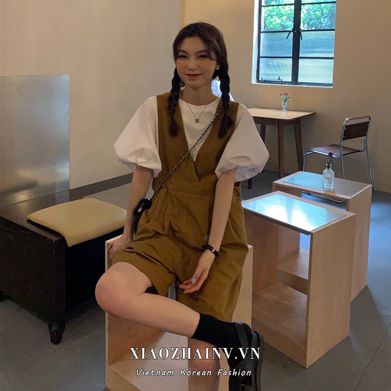 Áo tay phồng / jumpsuit màu trơn phong cách cổ điển dễ phối đồ Xiaozhainv | BigBuy360 - bigbuy360.vn