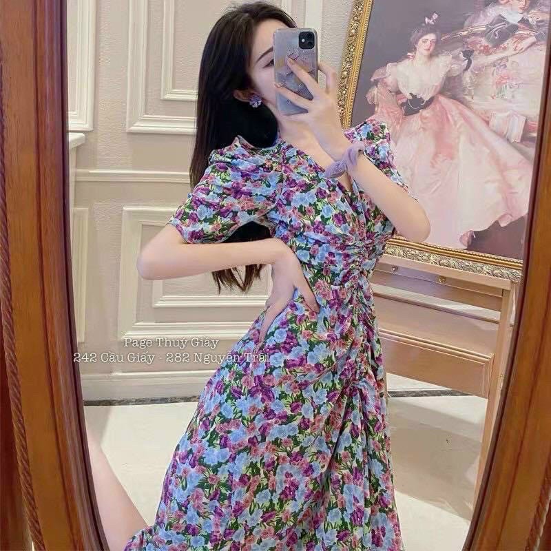 Váy maxi hoa tím đâm tay lửng rút giữa cổ V quyến rũ