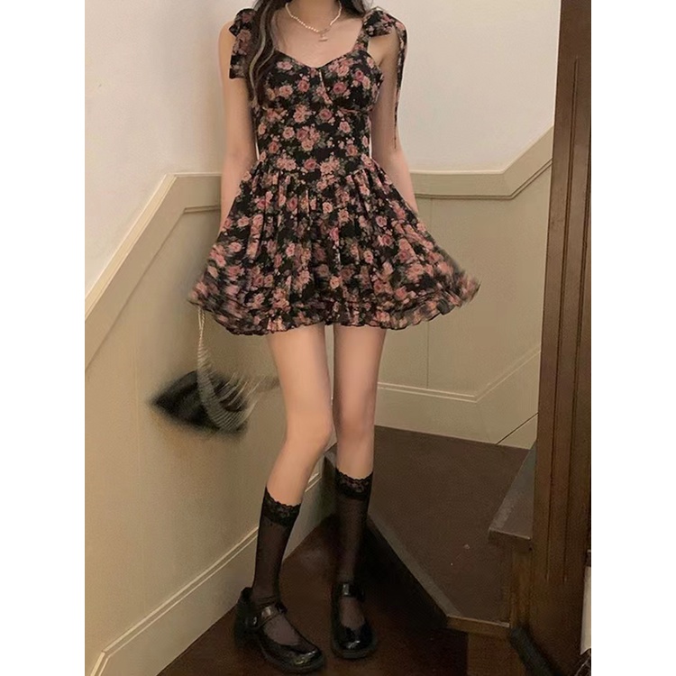 Đầm ZHELIHANGFEI hai dây dáng ngắn chiffon in họa tiết hoa nhỏ phối khóa kéo phong cách quyến rũ cao cấp thời trang
