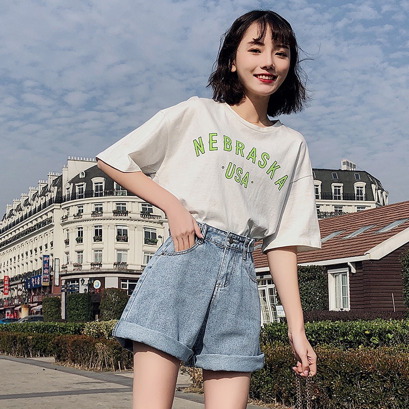 Quần đùi denim ống rộng lưng cao dành cho nữ