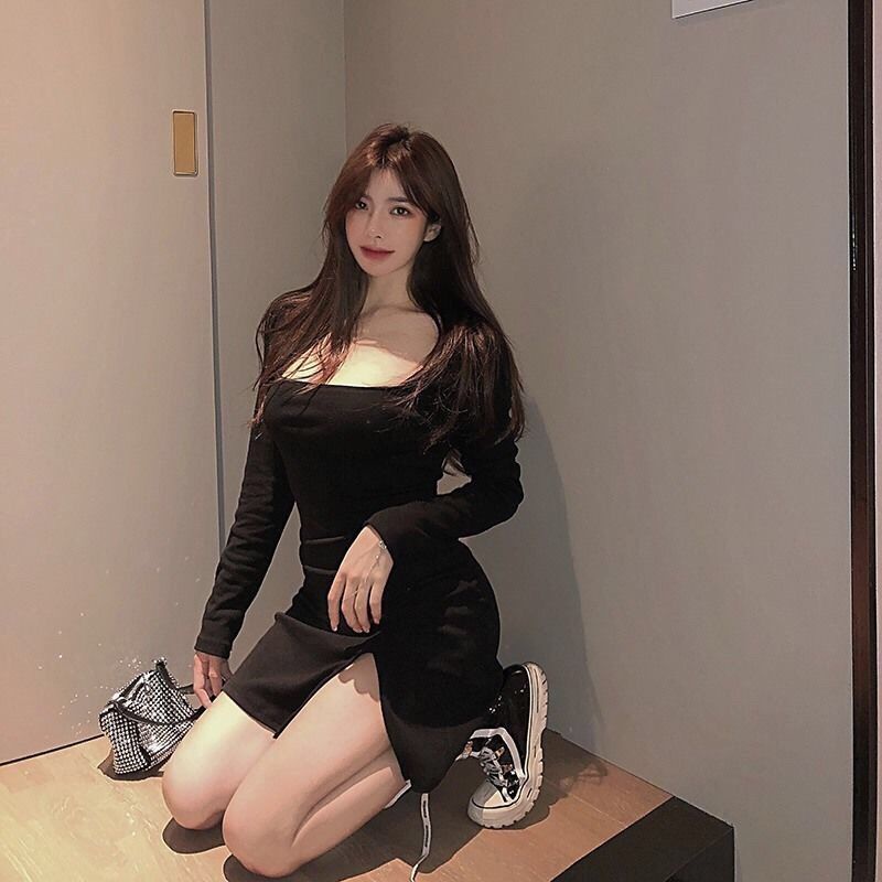 COZOK Đầm nữ tay dài cổ vuông thời trang quyến rũ