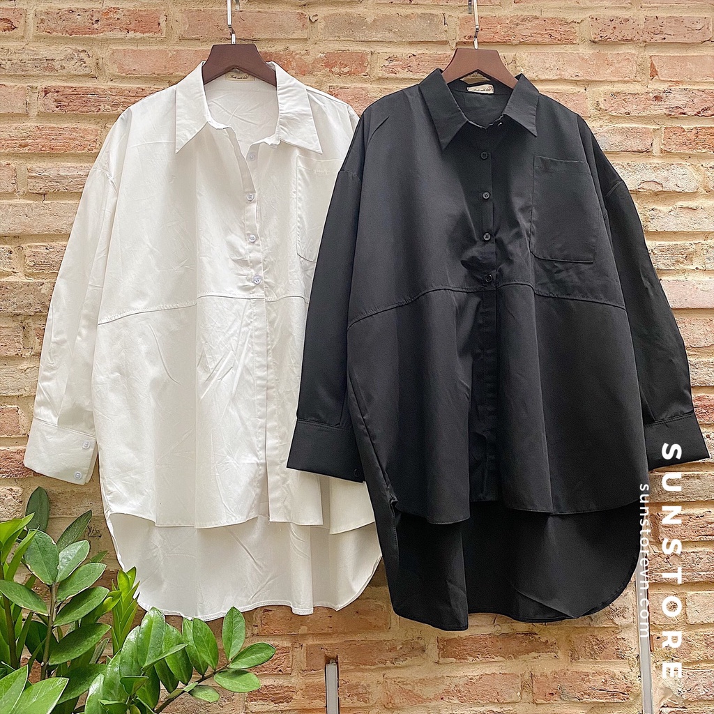 Áo sơ mi nữ tay dài form rộng có túi 2 màu đen và trắng