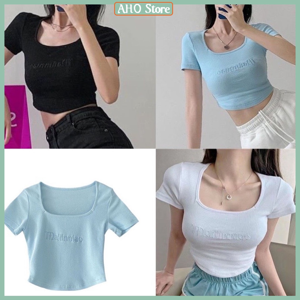 Áo Croptop Nữ Cổ Vuông Thêu Chữ Áo Thun Nữ Dáng Croptop Vạt Bầu Ngắn Tay Ôm Body Freesize