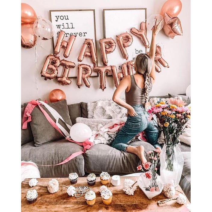 Bộ Bóng Chữ HAPPYBIRTHDAY Tặng Kèm Bóng Bay Hình Tim Size To